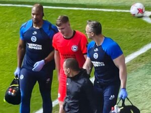 In this image – Brighton physios Vicann During and Adam Brett along with a player.