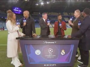 In this image – CBS Sports host Kate Abdo along with panelists Thierry Henry, Jamie Carragher, Patrice Evra, Peter Schmeichel and Micah RIchards
