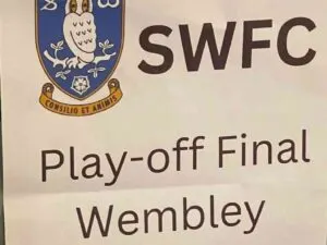 In this image – Screenshot of of a poster reading SWFC Playoff Final Wembley