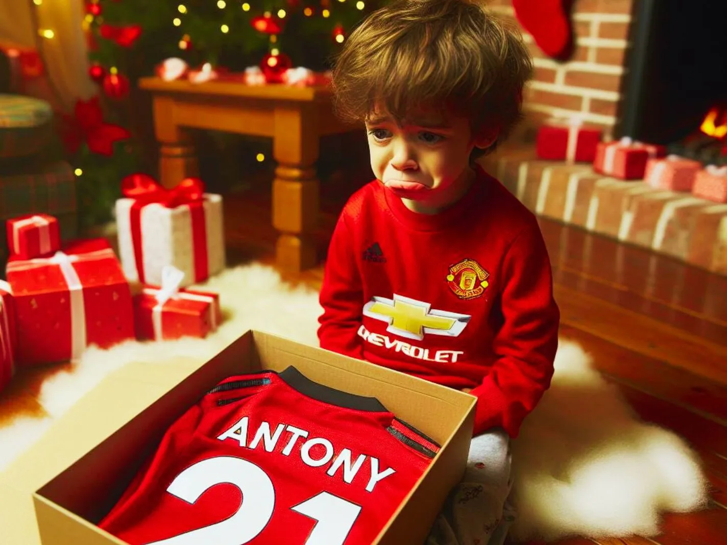 AI image of. akid crying after receieing Man United shirt with Antony at the back for Christmas