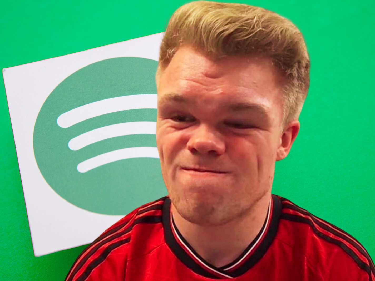 Spotify symbol in the background and photo of Sean Millis wearing a an United kit