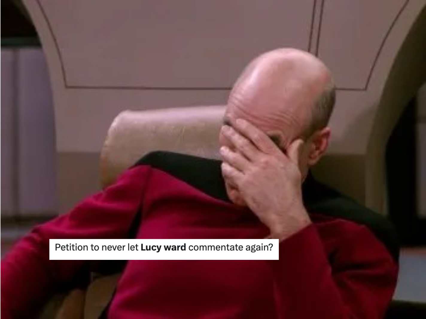 Star Trek facepalm meme to describe Lucy Ward's commentary during Burnley v Liverpool on Amazon Prime