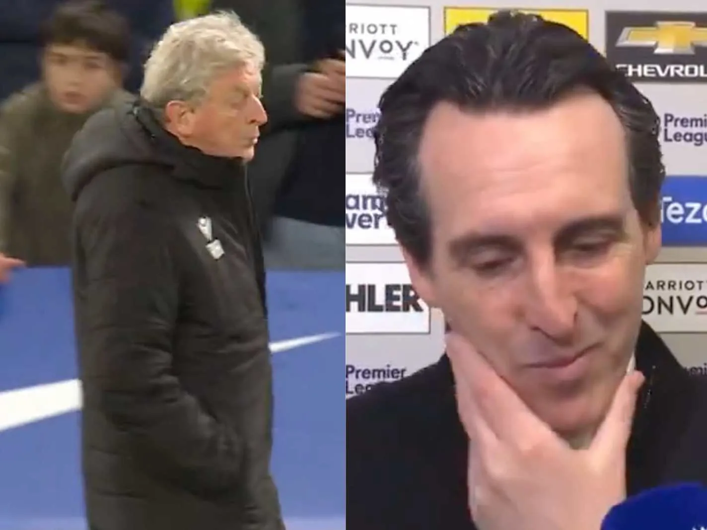 Unai Emery vigorously rubs his chin as Roy Hodgson spits in disgust