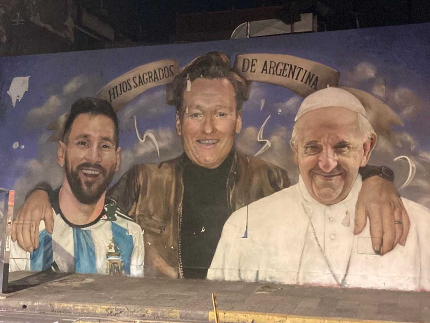 Lionel Messi, Conan O'Brien and Pope Francis Mural in Buenos Aires