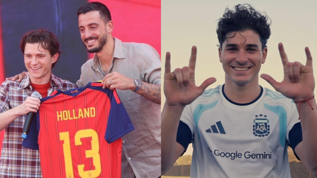 Tom Holland with Joselu (L), Julian Alvarez (R) (Images via Instagram.com/@joselumato, Instagram.com/@juliaanalvarez)